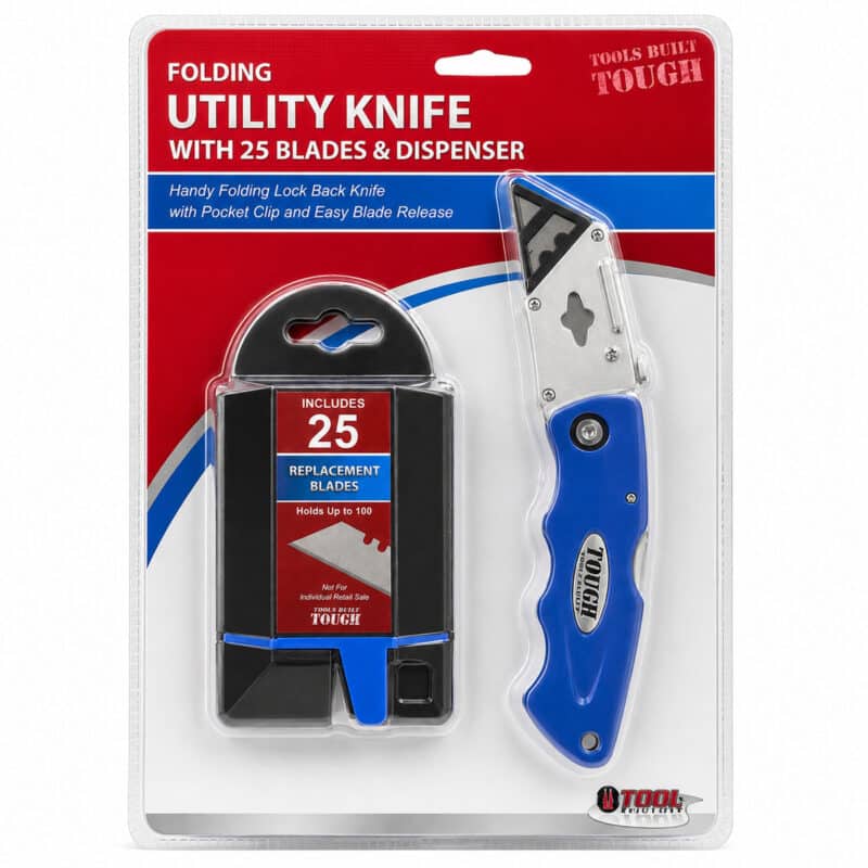 Folding utility knife with 25 replacement blades and dispenser