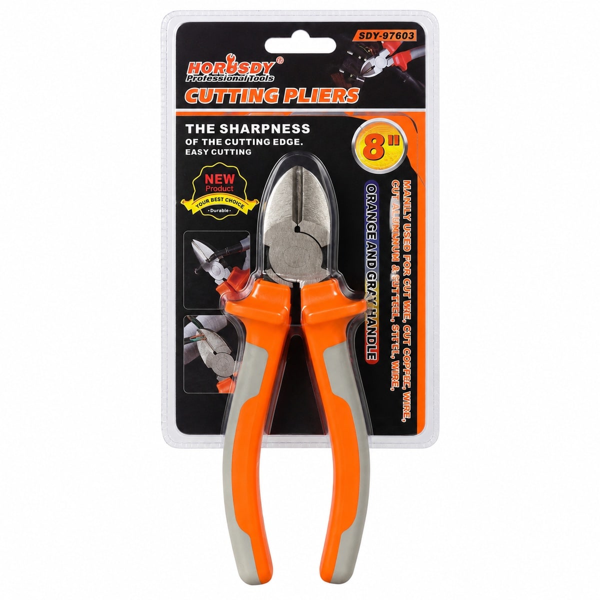 HORUSDY 8-inch cutting pliers SDY-97603 in blister packing.