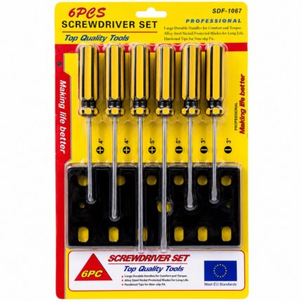 6-piece yellow and black screwdriver set with storage rack in retail blister packaging