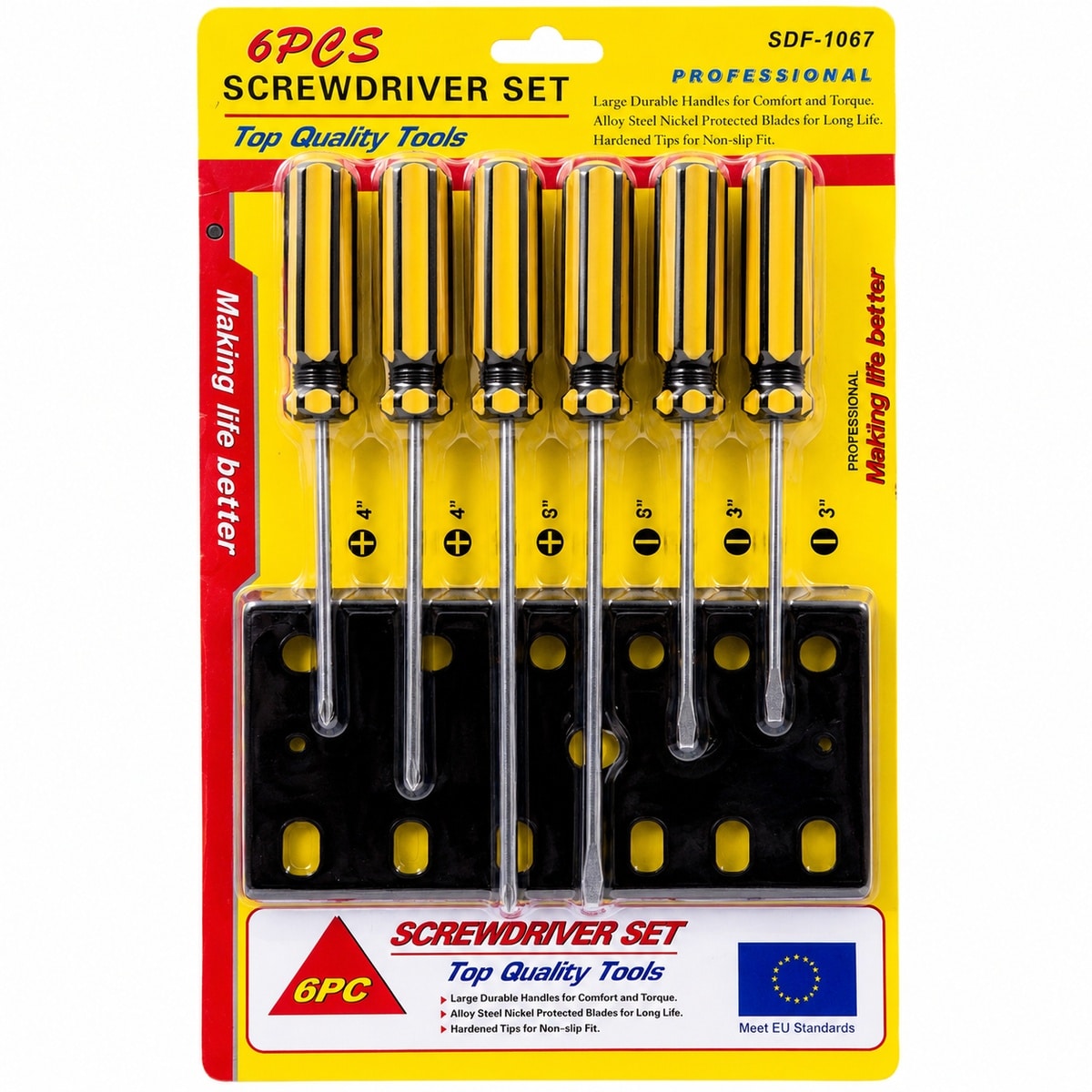toolscordless_6pc_screwdriver_set_1200x1200 6-piece yellow and black screwdriver set with storage rack in retail blister packaging